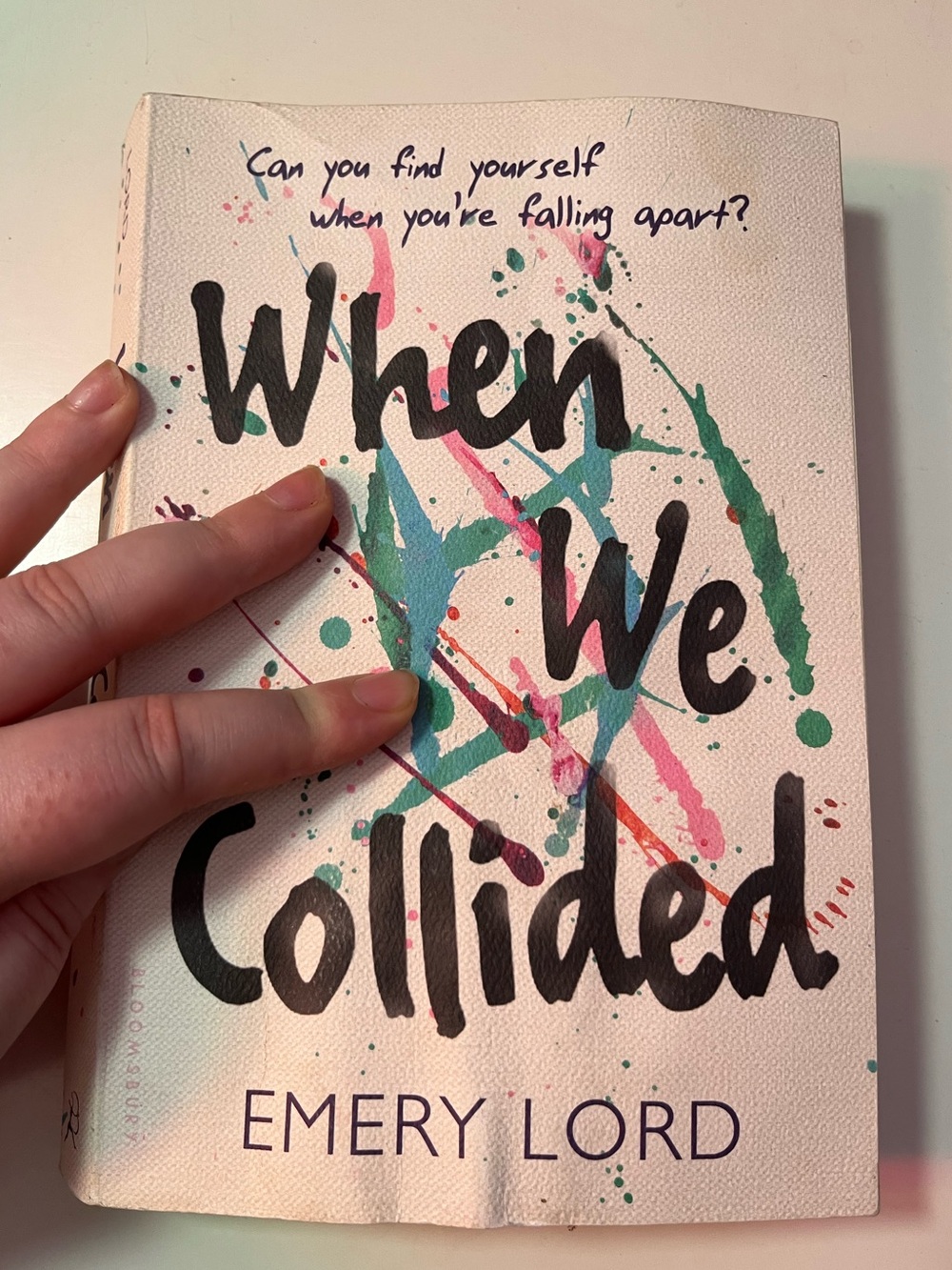 When We Collided by Emery Lord White Cover with Teal & Pink Splatter